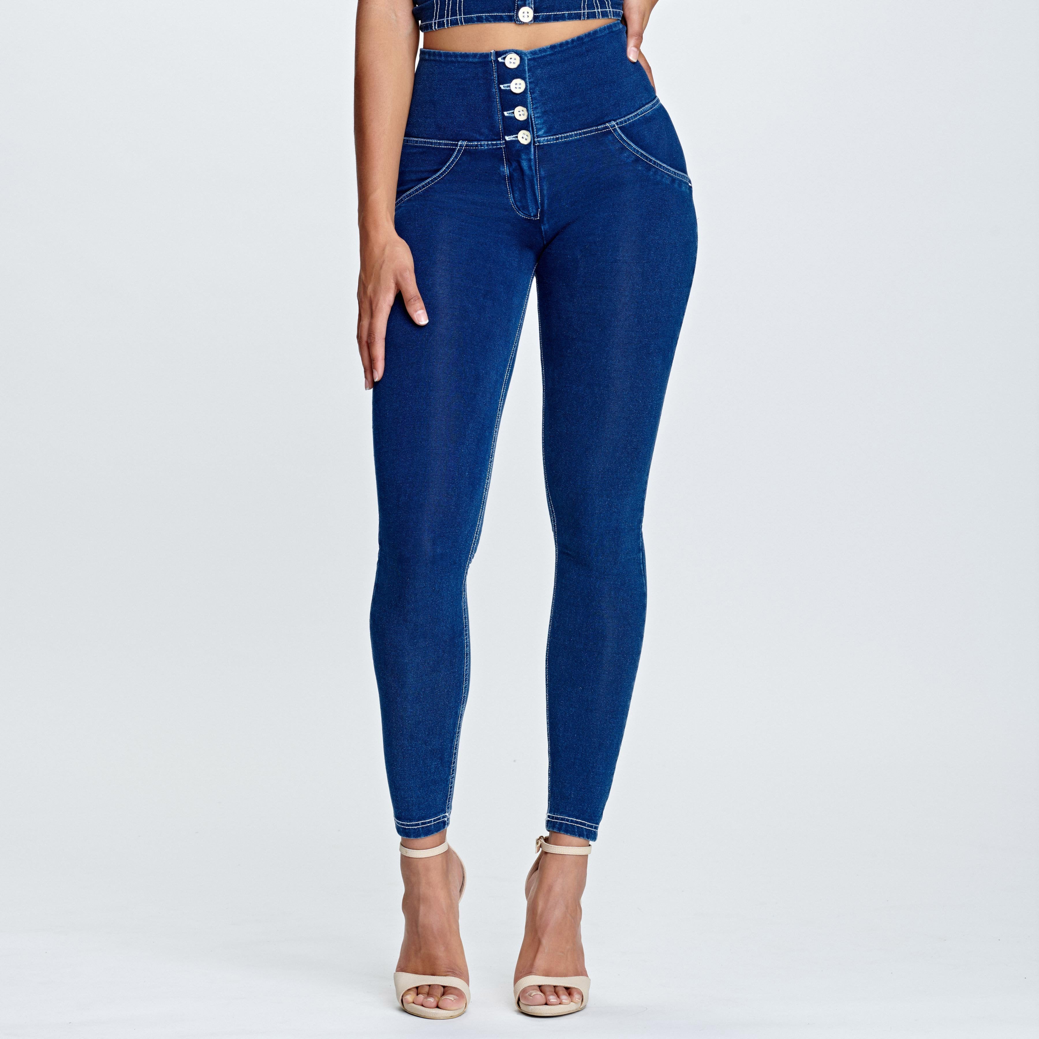 WR.UP® Denim - 4 Button High Waist - Full Length  - Dark Blue + White Stitching