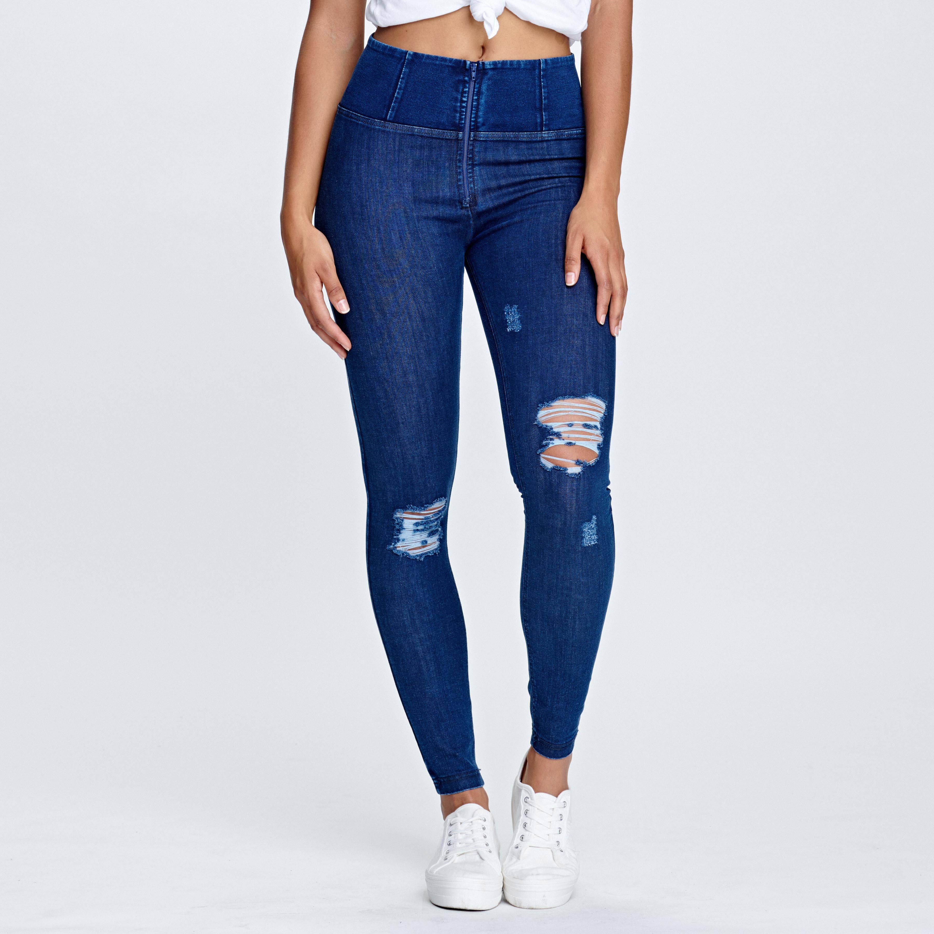 WR.UP® Distressed Denim - High Waist -  Full Length - Dark Blue + Blue Stitching